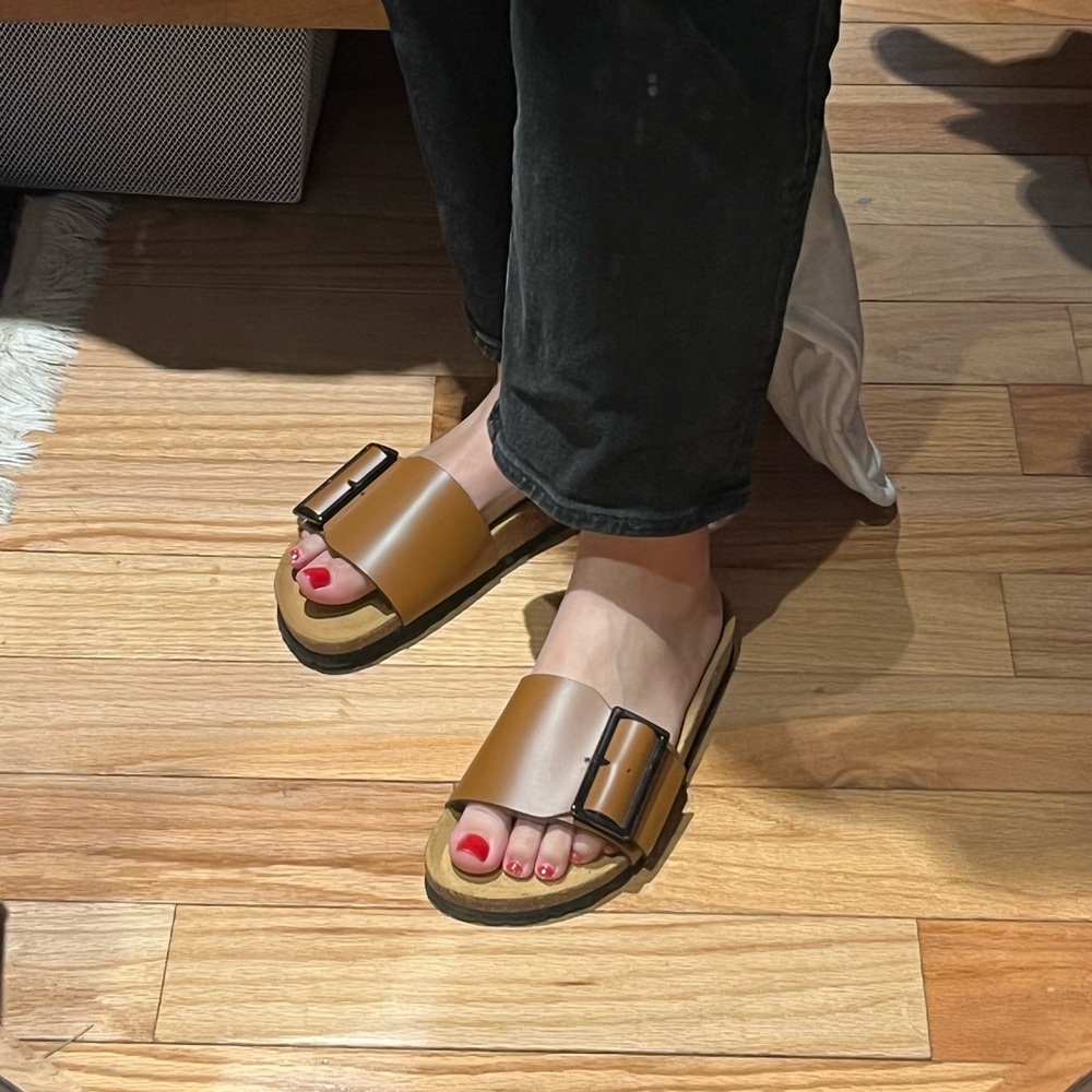 Intentionally Blank Brown Leather Slides with Buckle NWT Size 36